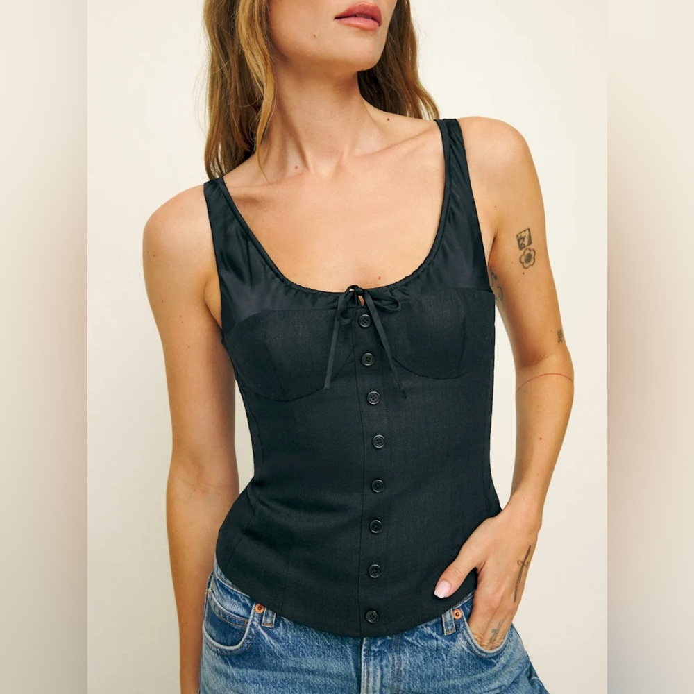 Reformation Beverly Linen and Silk Black Corset Top Size 6